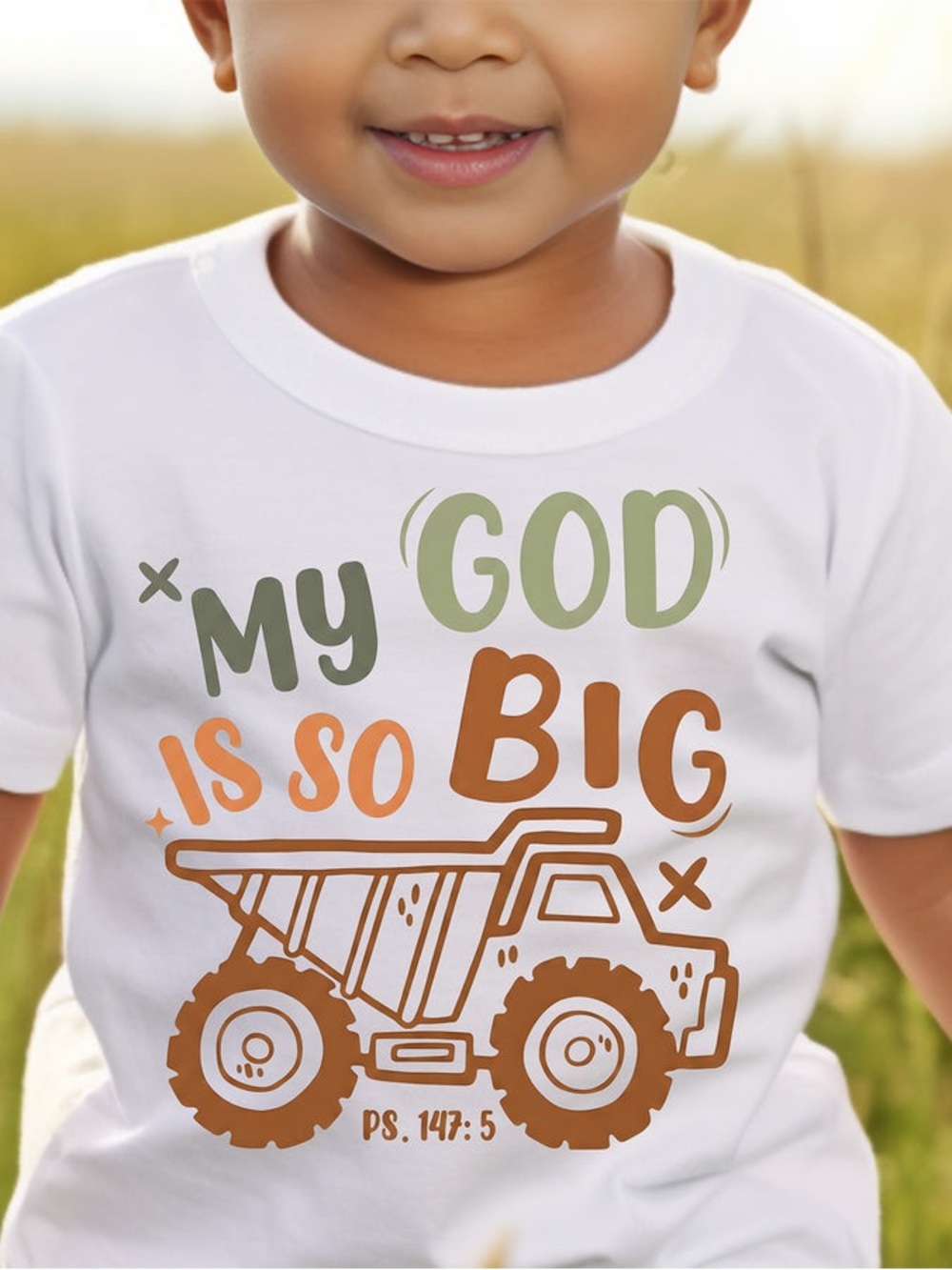 White Kids Tee with Dump Truck “My God is so Big” custom